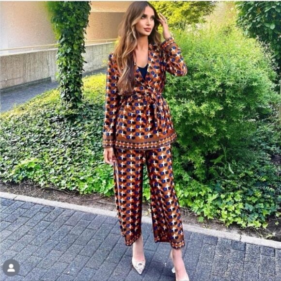 New Zara Printed Double Breasted Tie Belt Brown Blazer Blogger Favorite NWT XS - Picture 5 of 17